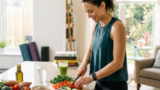 Woman cutting red bell peppers and zucchini on a kitchen counter with fresh vegetables and a recipe book