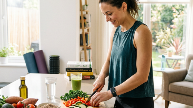 Woman cutting red bell peppers and zucchini on a kitchen counter with fresh vegetables and a recipe book