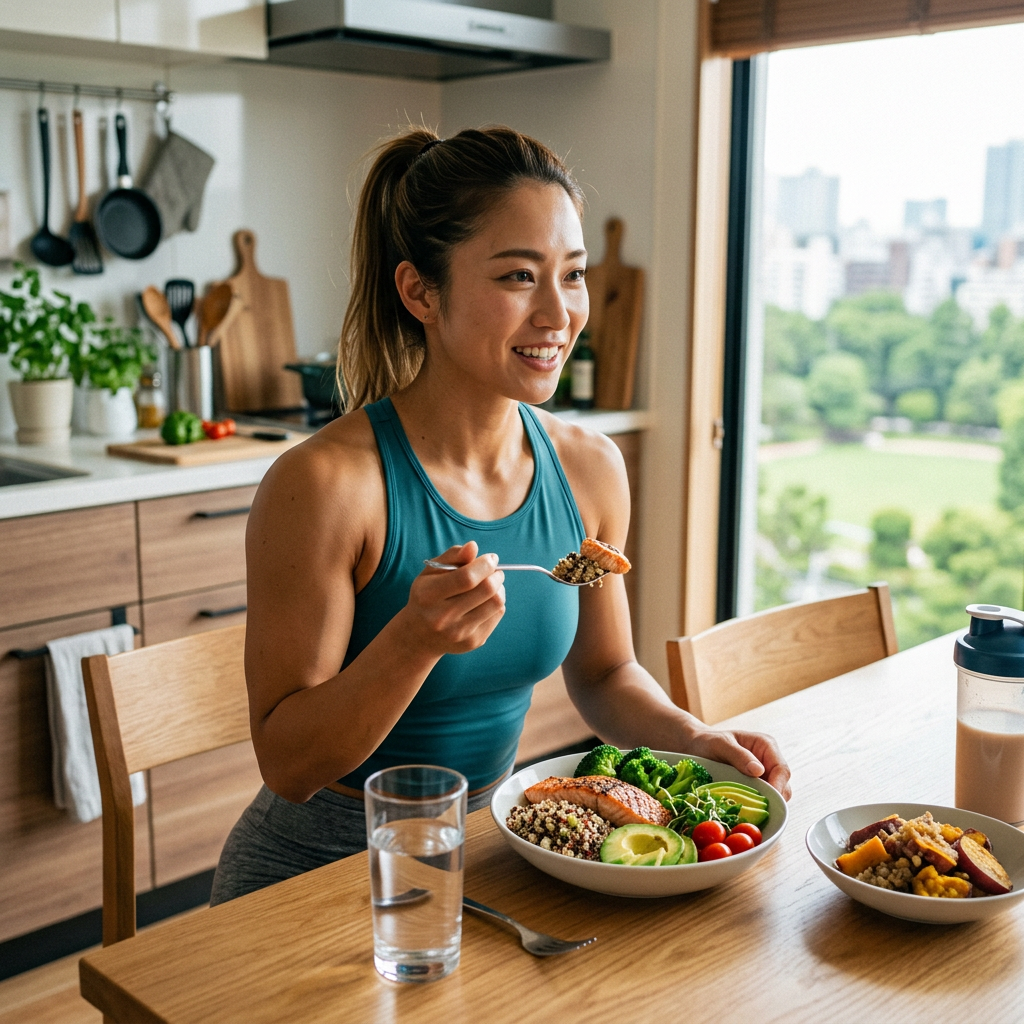 Woman eating a healthy meal with salmon, quinoa, avocado, broccoli, and tomatoes at a table near a window