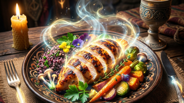 Mystical chicken breast meal with glowing aura